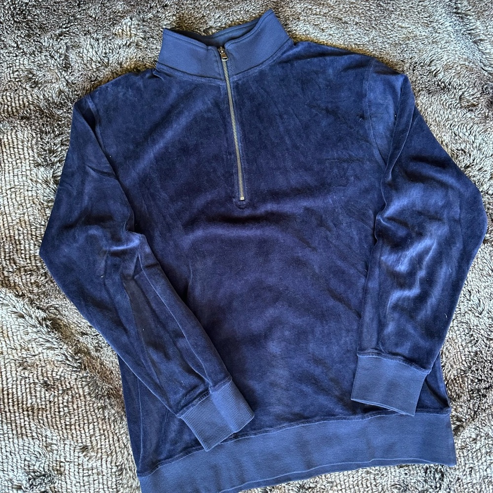 Goodlife Blue Zip Up velour Sweater with Ribbed Cuffs
